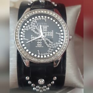Women's Thick Band GUESS Black and Silver Watch with Crystal Accents